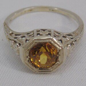Vintage Belais Art Deco 18kt White Gold Filigree Ring Citrine Stone ? Engagement